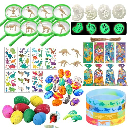 Aoksily Dino Mitgebsel Kindergeburtstag Set,Dino Geburtstag Deko mit Lupe Schlüsselanhänger Dino Eier Skeleton, Dinosaurier Piñata Füllung Give Aways Mitbringsel für Jungen Kinder