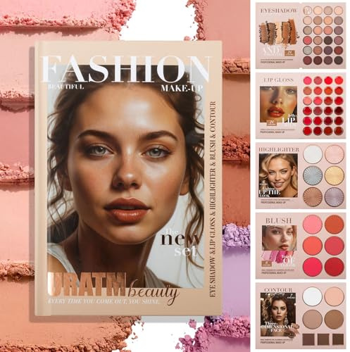 RoseFlower 67 Colors Four-Layer Book Makeup Palette - 24 Eyeshadow, 24 Lip Gloss, 6 High Lighter, 6 Blush, 7 Contour - Makeup Kit for Women, Nude & Glitter Eyeshadow Palette, Makeup Gift Sets (A)