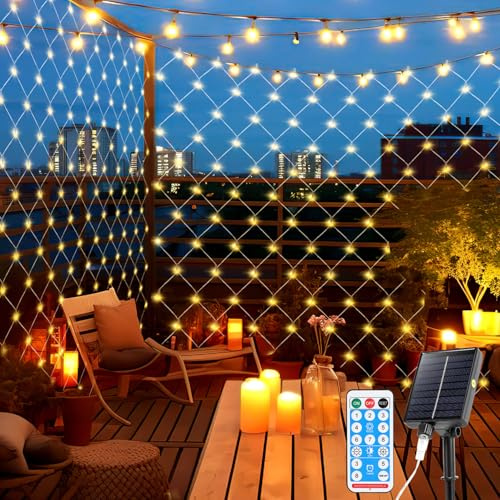 ISOISL Festliches Solar Lichternetz, 2x2m 240LEDs, 8 Modi & Timer per Fernbedienung, Solar/USB, IP44 wasserfest für Weihnachten, Garten, Weihnachtsdeko, Warmweiß
