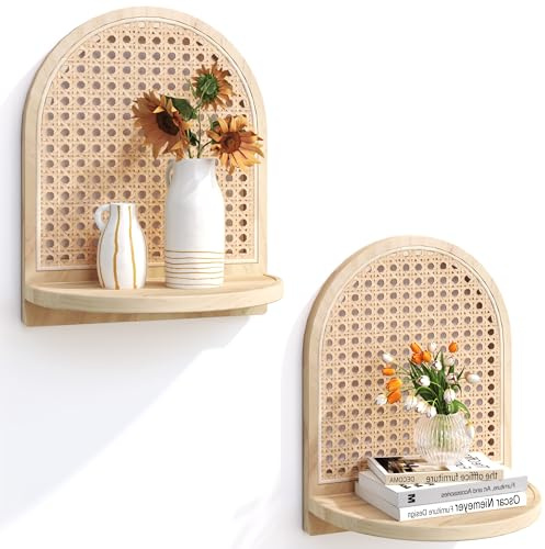 Snugverione 2er Set Rattanregal, 18 cm Natürliches Schweberegal mit Weidedekor, Boho Wanddekoration & Wandregal Kinderzimmer zum Ausstellen von Pflanzen & Figuren, Mini Regal für Kleinigkeiten
