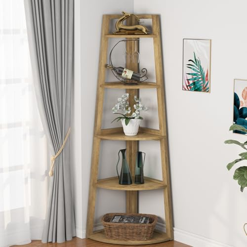 Tribesigns 70 inch Tall Corner Shelf, 5 Tier Modern Corner Bookshelf Bookcase Industrial Corner Ladder Shelf Plant Stand for Living Room, Kitchen, Home Office (Light Brown)