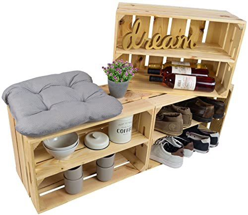 3er set hermoso estable Caja de fruta Elfriede con Tabla central/Tabla intermedia en oscuro/Natural/flameado ca total 54x35x30 cm LxWxH Zapatero Estante de almacenaje con suplemento Cajas de vino