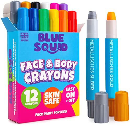 12 Farben Schminkstifte Kit von Blue Squid, Kinderschminke für Face Paint, Face Paint Kreiden Set, Abwaschbare Kinderschminke Set, Kein Durcheinander, drehbare Farbstifte, Bodyainting für Kinder