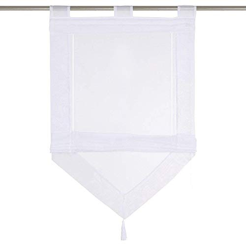 Raffrollo mit Quaste Dreieck Raffgardine Voile Transparent Schlaufen Vorhang (BxH 60x140cm, Weiß)
