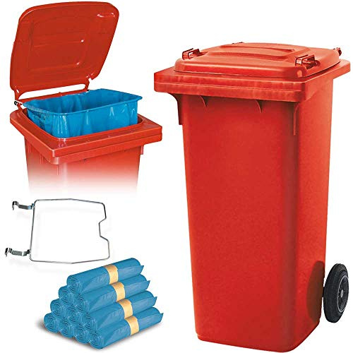 BRB 120 Liter Mülltonne mit Halter für Müllsäcke, inkl. 250 Müllsäcke (rot)