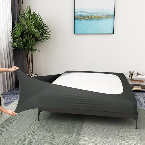 Överdrag för kontinentalsäng, king size – jerseystickad och stretchig, linda runt 4 sidor, sängkjol för hotell och hem – king/California king/olympic queen, grå