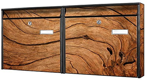 banjado Briefkastenanlage 2 Fach - 2 Briefkästen 72x32x10cm groß - Doppelbriefkasten Set - Namensschild, 2 Schlüssel, Montagematerial - Stahl verzinkt schwarz - Motiv Holzmaserung