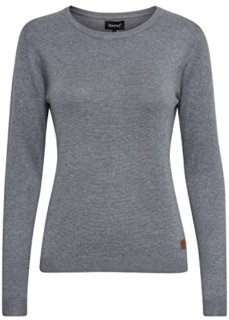 OXMO OXEdda Stickad damtröja finstickad tröja med rund hals, Grå Mel (7982363), L
