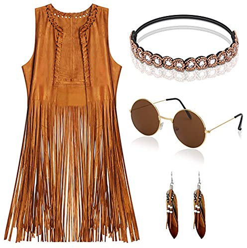 YADODO Hippie Kostüm Damen Set Fransen ärmellos Weste Hippie Kleidung 60er 70er Jahre Bekleidung Damen Mädchen Disco Outfit Cowgirl Kostüm Braun Weste Bolero Karneval Fasching Frauen(S)