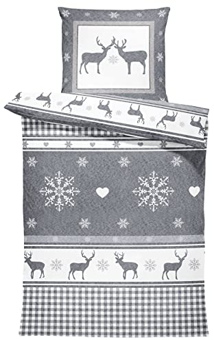 one-home 4 teilig Winter Bettwäsche 135x200 cm Rentiere Hirsch grau Flausch Thermofleece