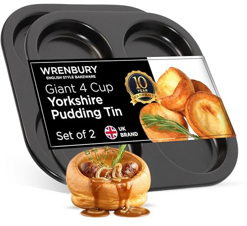 Wrenbury 4 Hole Yorkshire Pudding Tray Set of 2 - Giant 10cm Non Stick Carbon Steel Tray, Heavy Gauge Bakeware Pan for Extra Large Yorkshires & Roast Dinners