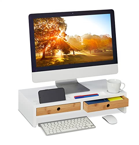 Relaxdays Monitorständer, 2 Schubladen, PC-Erhöhung für Schreibtisch, HxBxT: 12 x 56 x 27 cm, Bambus & MDF, weiß/Natur