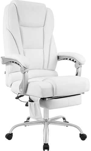 CLP Bürostuhl ergonomisch Pacific mit Echtleder-Akzenten und Massagefunktion, höhenverstellbarer Drehstuhl mit Armlehnen, 150kg belastbar Farbe weiß
