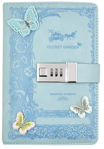 NectaRoy Lockable Diary, PU Leather Password Notebook Agenda(Butterfly decor), B6 Secret Travel Journal with Lock for Office School Supplies Student Stationery Birthday Gift, 200x135mm
