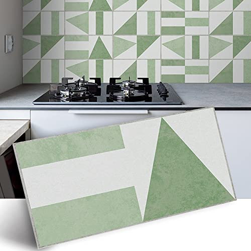 Hiseng Kitchen Bathroom Wall Tile Stickers, 30x15cm DIY Rectangle Decals Retro Geometry Sticker for Kitchen Living Room Bathroom Home Decor Self-Adhesive (Sage Green Geometry,12pcs)