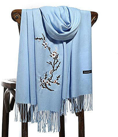 WLLDDDIU Schal Damen Winter, Damen Schal Cashmere Feel Warm Reversible Pashmina Shawl Pflaume Bossom Schal Hellblau Wickelschal Winter Decken Schal Trendige Stola Schals Für Damen Mädchen