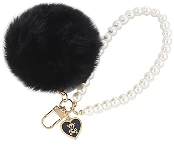 JIHUOO Pom Poms Schlüsselanhänger Flaumig Faux Pompoms Schlüsselring Weiche Plüsch Schlüsselring Ornament Anhänger Zubehör für Damen Mädchen Schwarz