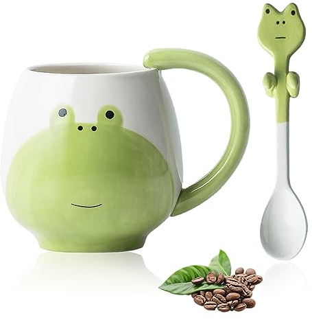 Yuragim Frosch Tasse, SüßeTassen Frösche Becher mit Löffel,400 ml Süß Kaffeetasse Frosch Teetasse Keramik Kaffeebecher Frog Mug für Tee Kaffee Milch,Geschenke zur Weihnachten für Kinder Mädchen Jungen
