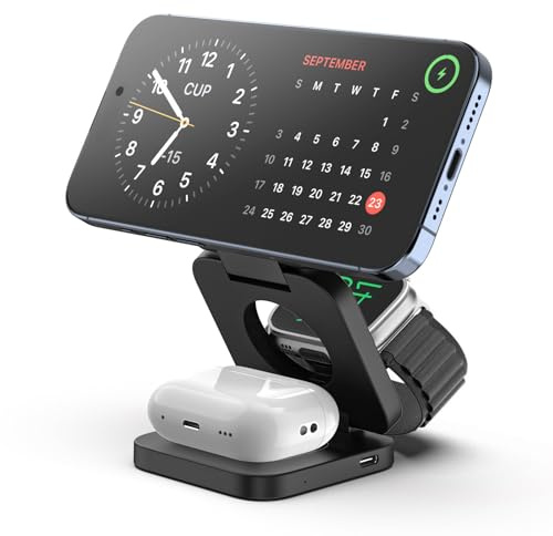 KU XIU Fast Wireless Charger, Magnetic Foldable 3 in 1 Charging Station for iPhone 17/16/15/14/13/12/Pro/Plus/Pro Max, 5W Portable Charger for Apple Watch10/9/8/7/6/5/4/3/SE, for Airpods3/2/Pro-Black