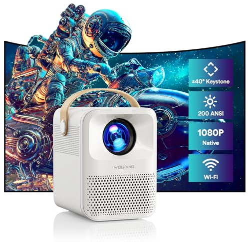 Mini Proiettore Portatile, 12000 Lumens 1080P Nativo, WOLFANG Proiettore 4K Supporta, ±40°Correzione Trapezio, Compatibile con PC/Tablet/Fire Stick/iOS e Android Phone