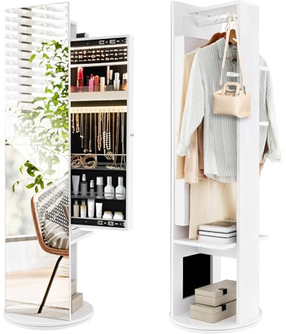 RELAX4LIFE Schmuckschrank mit Spiegel, Drehbarer Spiegelschrank mit LED-Leuchten, Schmuckorganizer mit Kleiderstange & Ablagen, Schmuckaufbewahrung für Schmuck Kosmetik Kleider