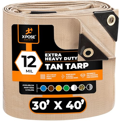 Heavy Duty Tan Poly Tarp 30' X 40' - Multipurpose Protective Cover - Durable, Waterproof, Weather Proof, Rip and Tear Resistant - Extra Thick 12 Mil Polyethylene - by Xpose Safety