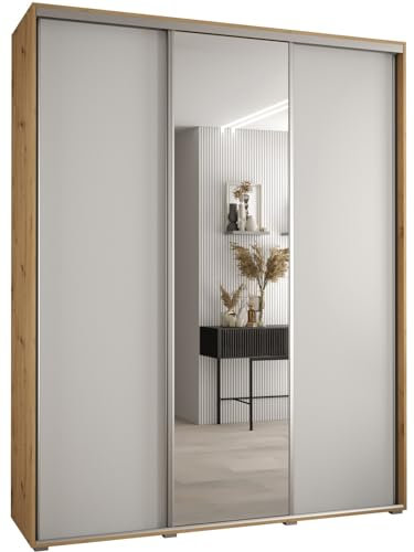 MEBLE KRYSPOL Cannes 3 Moderner Schrank mit 3 Schiebetüren mit Stange, Regalen und Spiegel - Aufbewahrungsschrank für Schlafzimmer, Wohnzimmer - 205,2x200x45 cm - Artisan Weiß Silber