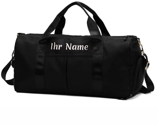 Personalisierte Reisetasche, Turnbeutel mit Gesticktem Namen, Sporttasche mit Trocken und Nassfach und Schuhfach, Personalisierte Turnbeutel für Herren/Damen, Tanz und Yoga Tasche (schwarz)