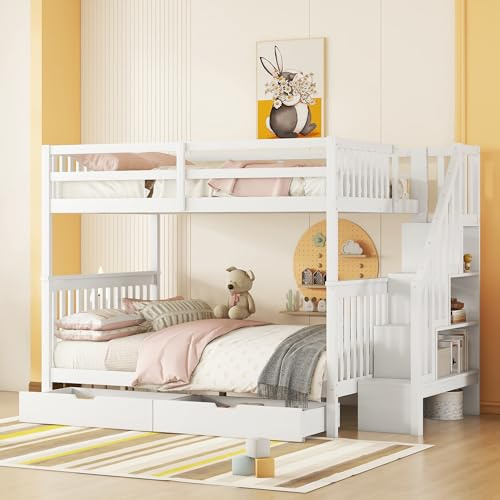 Dolamaní Hochbett 140x200 cm, Etagenbett 2 Kinder, Kinderbett mit Treppe, Hohe Rausfallschutz, Schublade unter dem Bett, Seitliche Ablagefächer Weiß