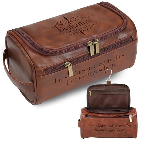 Easycosy Vatertagsgeschenke für Papa & Opa, personalisierter Kulturbeutel Herren zum Aufhängen, Lasergraviert mit Name & Text, Leder Kulturtasche Waschtasche Papatag