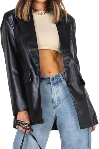 Suncadmious Donna Giacca di Pelle Oversize Manica Lunga Blazer in Ecopelle Risvolto Button Down Cappotto in Pelle con Tasche