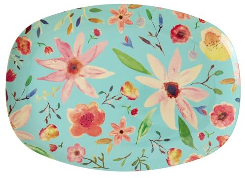 Rice Servierplatte Teller aus Melamin groß rechteckig - mint - Selma Flower Print