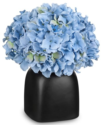 Briful Flores artificiales de hortensias de 12.2 pulgadas en jarrón de seda para decoración, flor artificial azul en maceta de cerámica para decoración de verano, flor de hortensia sintética para