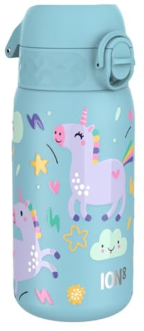 ION8 Kids Water Bottle, Lightweight Steel, 400 ml/13 oz, Leak Proof, Non-Insulated, Easy to Open, Secure Lock, Dishwasher Safe, Flip Cover, Carry Handle, Easy Clean, Metal Water Bottle, Blue, Unicorns