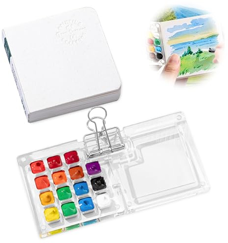 Tragbare Skizzenbuch Palette Set, 15 Grids Mini Acryl Reise Malpalette Malkasten Acrylfarben Pocketartist Travel Set mit Aquarellpapier Journal und Clip