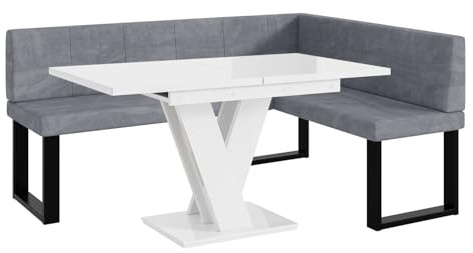 MEBLINI Eckbank für Esszimmer mit ausziehbarem Tisch - Küchenbank - Essecke - Sitzecke Küche - Peter - U-Beine 128x168x87cm Rechts - Grau Samt/M Weiß Hochgl.