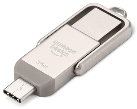 Amazon Basics USB Flash Drive, Thumb Drive Memory Stick with USB C and USB A Dual Ports, 256GB, Champagne Silver