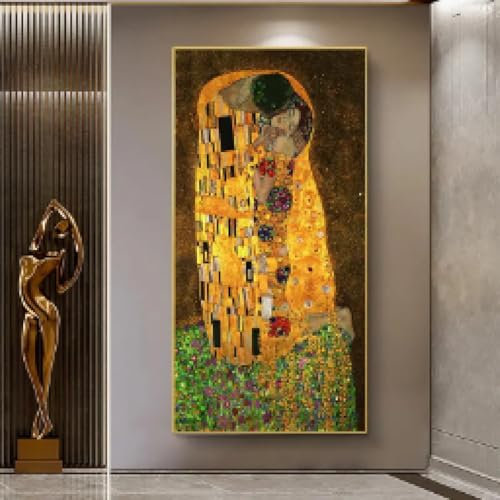 KEMEIQI Wandbild des berühmten Künstlers Gustav Klimt, Kussliebhaber, Leinwand-Kunstdruck, Gemälde, romantisches Paar, Posterdruck für Raumdekoration, 40 x 125 cm, rahmenlos