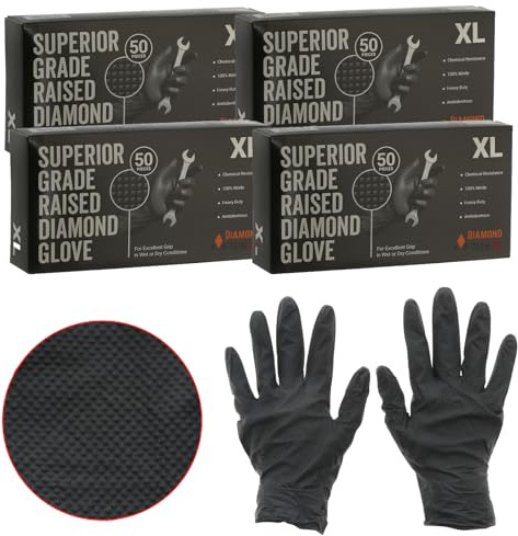 Masterpart Raised Diamond Grip Non Slip Chemical Resistant Black Nitrile Heavy Duty Gloves Extra Large Pack Of 4 200 Gloves