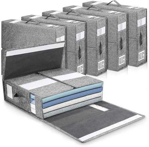 Zhufas Boite Rangement Drap de Lit, 6 Pièces Sac de Rangement Vetement, Organisateur de Drap Pliable, Pouvant être Rangée Sous Lit, Organisateur Placard Vetement avec étiquette & Poignée, Gris