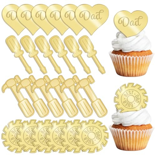 URROMA Father's Day Cupcake Toppers, 40Pcs Golden Mirror Happy Father's Day Cake Picks Acrylic Reflective Tool Theme Mixed Shaped Cake Charms