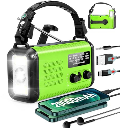 Wind Up Radio, 20000mAh Hand Crank Emergency Radio, AM/FM Weather Radio | Battery Powered Solar Radio with USB Phone Charger, Reading Lamp Flashlight & SOS for Emergency(Light Green)