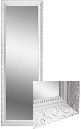 BD ART Wandspiegel 150x50 cm – großes rechteckiges Spiegel mit weißem Holzrahmen und Ornament – vertikal & horizontal aufhängbar – ideal für Wohnzimmer, Schlafzimmer, Flur
