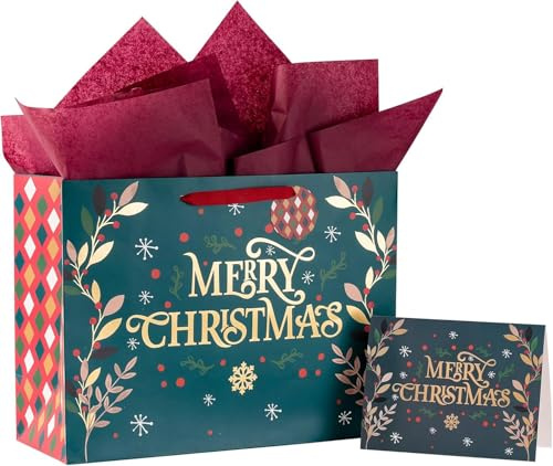 LATERN 4 Stück Große Weihnachten Geschenktüten mit Grußkarte, 40CM x 30CM x 15CM Kraftpapiertüte Weihnachtthema Geschenktaschen mit Geschenkanhänger und Seidenpapier für Weihnachte Geschenk Verpackung