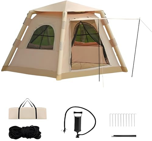 CTREVL Zelt 2 Personen Aufblasbar, Camping Zelt Aufblasbar mit Pumpe, 4 Saison Winddicht Anti-UV Oxford Kabinenzelt mit Mesh Fenster & Türen für Camping Picknicks Outdoor-Abenteuer