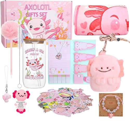Guiqulai Axolotl Gifts for Girls Kids Cute Axolotl Plush Toys with Flannel Blanket, Glass Tumbler, Purse, Stuffed Doll, Necklace, Stickers and More Axolotls Stuff for Kids Birthday