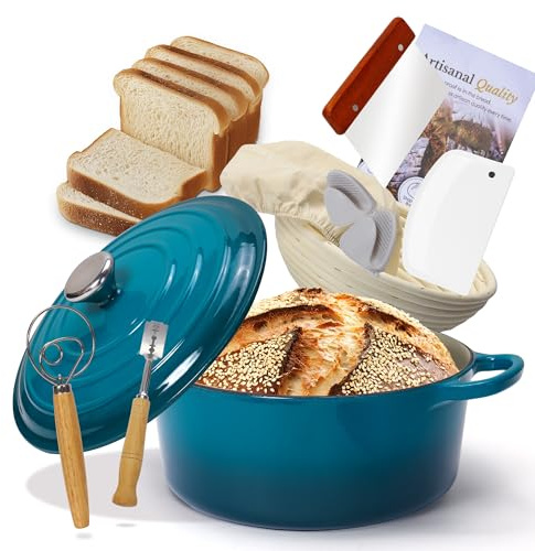 Enameled Cast Iron Dutch Oven Bread Baking Set with Accessories, 5Litres-26cm Nonstick Casserole Pot for Homemade Sourdough Bread, Braising, Stews, Roasting Dark Blue