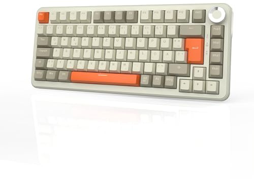 AJAZZ AK820 MAX Wireless Mechanical Keyboard, 75% Layout 82-Key Hot-Swap Gaming Keyboard, German QWERTZ Layout with Volume Control Knob, 2.4 GHz/Type-C/BT5.0, RGB Lighting Effects, Gray Beige Orange