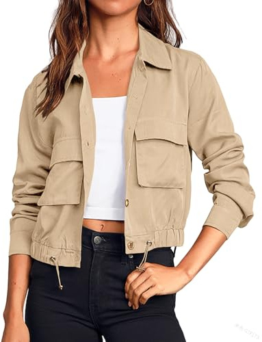 Cicy Bell Übergangsjacke Damen Crop Jacke frühling Leichte Sommerjacke Kurzer Mantel Parka Jacket Herbstjacke.Beige L