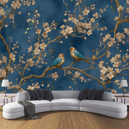Carta da parati fotografica Eleganti Fiori Pesco 350×256cm Non Tessuto Murale XXL Cinese Fiori Uccelli Decorazione Soggiorno, Blu Scuro Poster Decor Camera De Letto Sala Ufficio